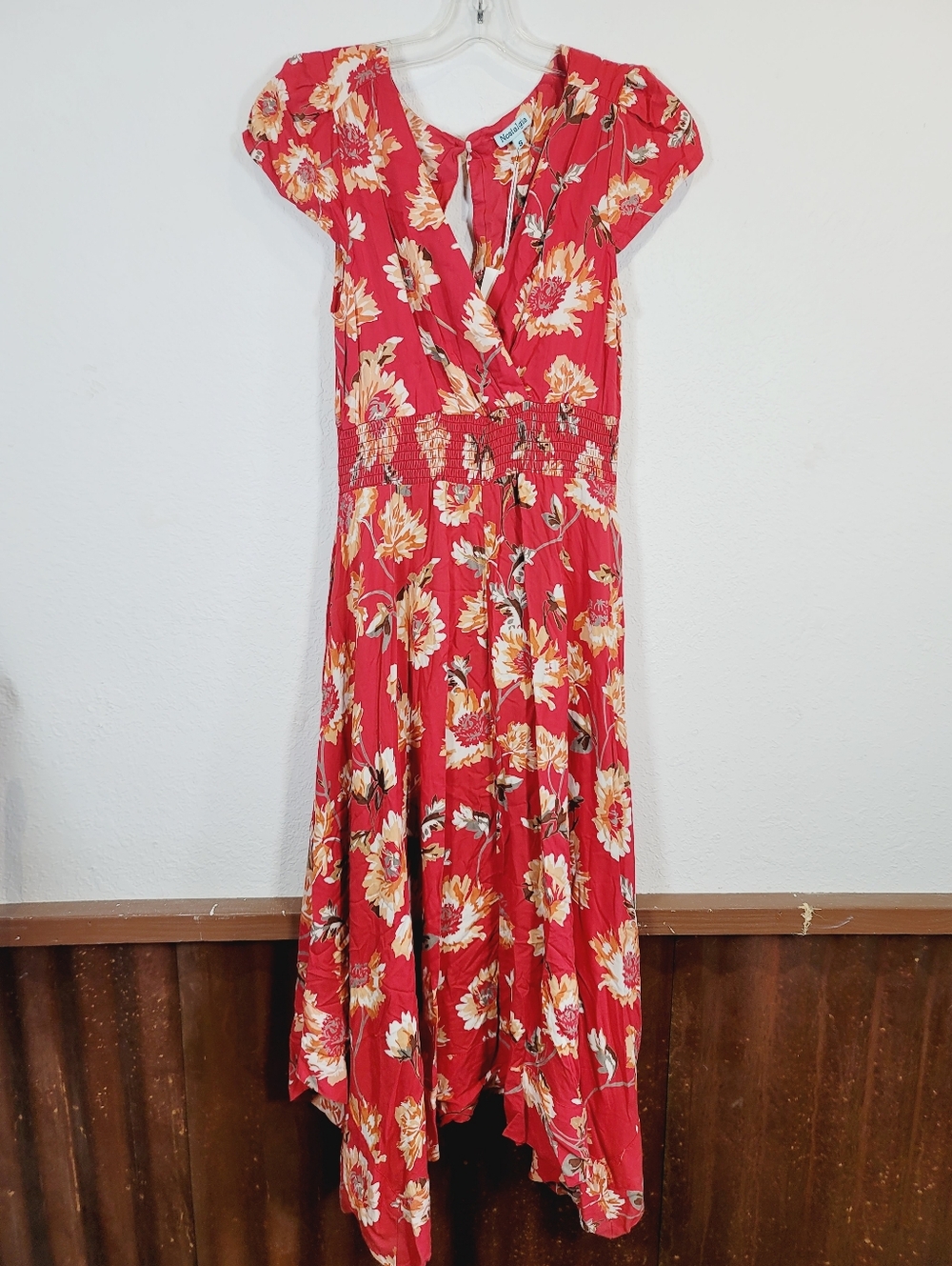 Nostalgia Red Floral Midi Dress with Yellow Accents, Size S